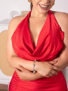 Lupita Cardoza Draperad Fram Rygglös Split Lår Halter Neck Rygglös Klänning För Nyår Kläder Maxi Dam Outfit - Röd - Visa 3