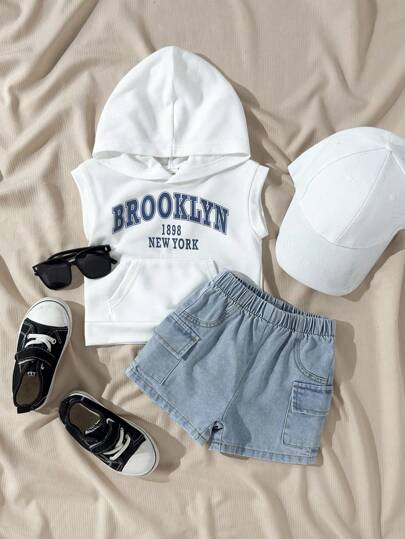 SHEIN Playful Pals 2pcs/Set Infant/Baby Boys Casual Outfit, Including White Graphic Print Hooded Sleeveless Vest & Blue Elastic Waist Pocket Denim Shorts, Suitable For Casual, Sports, Daily Wear, Outings, Traveling Summer Outfits Boy Summer Outfits Infant Outfit Sets Boys Outfit Sets Summer Boy Clothes For Kids 3t Boy Clothes For Toddlers Kids Boys Clothing Summer Clothes For Boy Toddlers