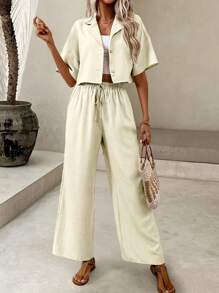 SHEIN PETITE 女士休闲简约纯色翻领落肩宽松上衣和抽绳腰阔腿裤两件套