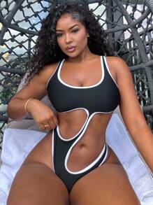 Alexandranx Summer Beach Contrast Binding Cut Out One Piece Swimsuit - Black - View 1