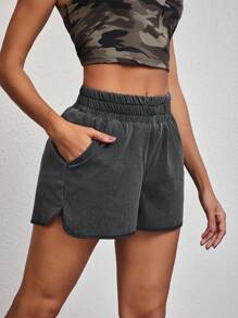 SHEIN Essnce Short vaquero de cintura elástica casual de verano para mujer con bolsillo diagonal - Azul - Ver 3