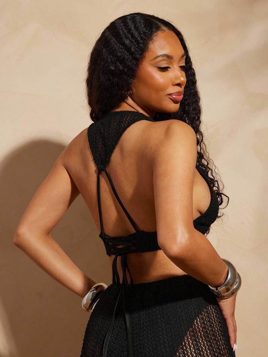 Vixey 纯色针织系带后背短款无袖上衣，度假风 - 黑色 - 查看 1