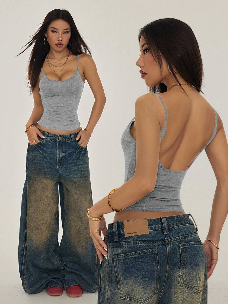 SHEIN PETITE Top de tirantes casual de color sólido para mujer, verano - Gris - Ver 1