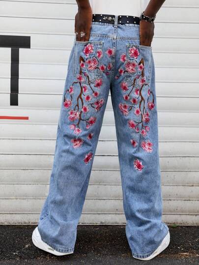 Anime Herren Lässig Alltags Straight Leg Jeans mit Blumenstickerei