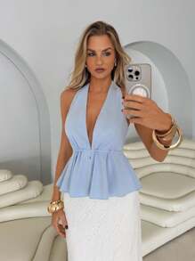 Roylia 女士性感深 V 领交叉系带露背镂空露背荷叶边下摆吊带背心 - 藍色 - 查看 3