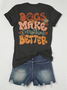 EMERY ROSE Áo thun cổ tròn tay ngắn in hình chó, khẩu hiệu và chữ cỡ lớn - Màu xám đen - Xem 2