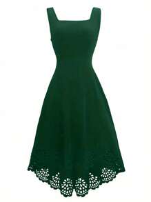 Selianne Vestido de verano elegante de longitud media sin mangas con corte láser de unicolor para mujer - Verde Oscuro - Ver 3