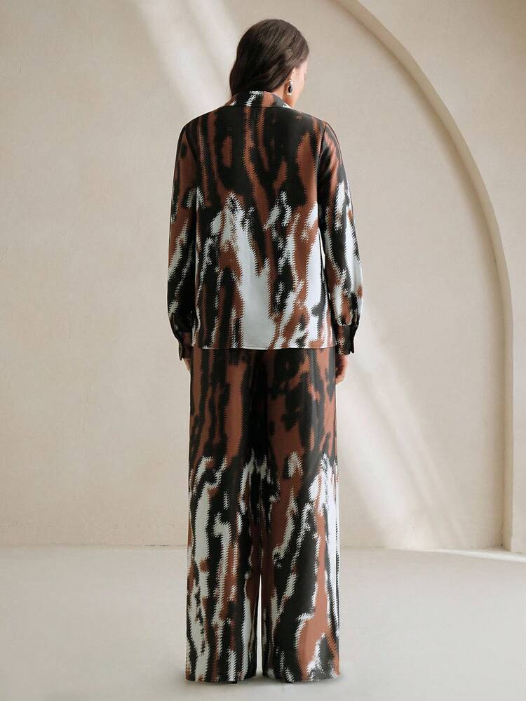 2pcs Geometric Color Block Striped Textured Pleated Shirt And Pants Set, Autumn/Winter