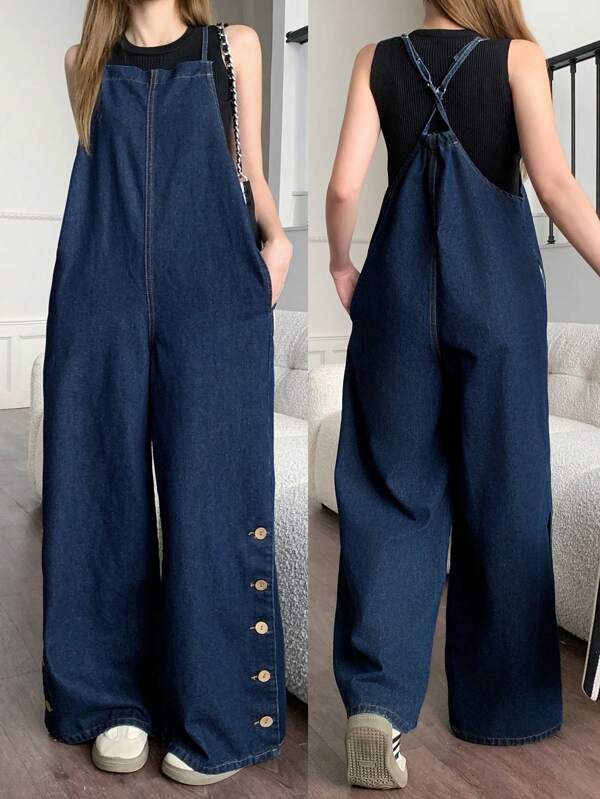 SHEIN Mono versátil de unicolor de lino informal de vacaciones como nueva llegada 2025 para adolescentes, primavera/verano, silueta esbelta y juvenil, corte holgado, con bolsillos laterales, espalda abierta, pantalón de pierna ancha y cintura alta, para salidas familiares o vestimenta informal de negocios en verano