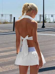 SHEIN ICON 2 件 Y2k 外出白色假期返校露背性感挂脖开衫和条纹腰部拼布裙 2 件套 - 白色 - 查看 3