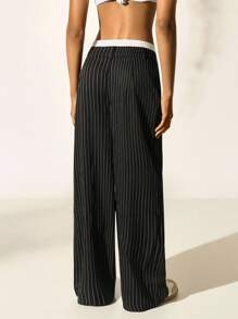 SHEIN EZwear Ladies' Casual Striped Wide-Leg Colorblock High Waist Suit Pants In Fall/Winter - Black and White - View 2