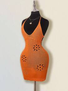 SHEIN ICON 夏季性感纯色镂空露背吊带针织连衣裙 - 橘色 - 查看 4