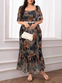 Modelyn 大码女式花卉印花方领荷叶边袖优雅中长连衣裙 - 棕色 - 查看 4