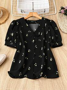 Mulvari Plus Size Casual Ditsy Floral Puff Sleeve Shirt - Black - View 1