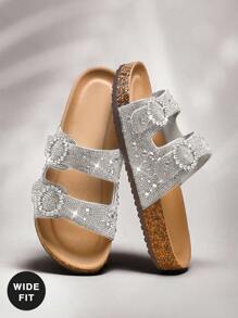 SHUZIA Wide Fit Women's Sparkling Rhinestone Double Buckle Open Toe Cork Platform Flat Glam Rhinestone Black Slides-Plus Size Comfort, Luxury,Sparkle. - Metallic Silver - View 2