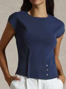 Briarwyn 简约纯色圆领纽扣短袖休闲T恤，适合夏季女士夏季服装，女士优雅服装 - 寶藍色 - 查看 4