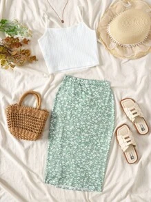 SHEIN Tween Girls Vacation Style Knit Camisole Top + Ruffle Detail Split Hem Skirt Set Summer Clothes Set Skirt Outfit Set Floral Skirt Outfit Two Piece Summer Outfit Summer Outfits For Women 2 Piece Vacation Outfit Summer Skirt - Green - View 2