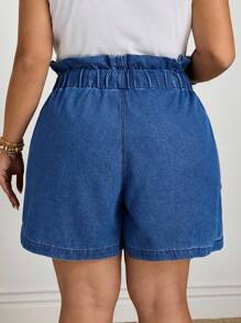 EMERY ROSE Pantalones cortos de mezclilla de talla grande para mujer con cintura fruncida, cordón y bolsillos grandes, para el verano - Azul lavado medio - Ver 2