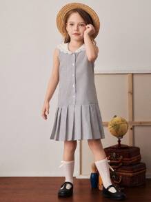 PrepCrw Young Girls Preppy Style Black & White Striped Patchwork Collar Front Button Sleeveless Dress Girls School Uniform School Tops Teen Girl Clothes For School Cute Tops For School Uniform School For Girls Back To School Outfits Girls Back To School Outfit First Day Of School Outfits - Black and White - View 5