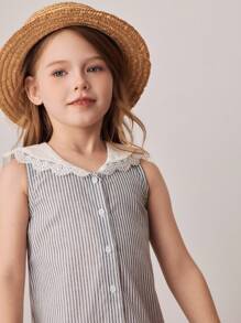 PrepCrw Young Girls Preppy Style Black & White Striped Patchwork Collar Front Button Sleeveless Dress Girls School Uniform School Tops Teen Girl Clothes For School Cute Tops For School Uniform School For Girls Back To School Outfits Girls Back To School Outfit First Day Of School Outfits - Black and White - View 6