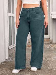 EURMUSE 100%Cotton Plus Solid Wide Leg Jeans - Teal Blue - View 5