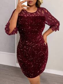 SHEIN Clasi Plus Size Women's Spring & Summer Elegant Party Mesh & Lace Sequin Patchwork Midi Dress - Burgundy - View 3