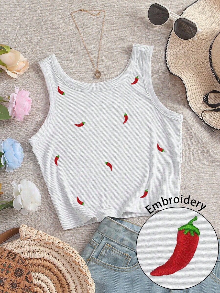 INAWLY 女式辣椒刺绣圆领背心 - 灰色 - 查看 1