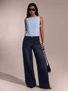 SHEIN Forever 21 女式无袖纯色圆领休闲系带侧衬衫，夏季 - 藍色 - 查看 5