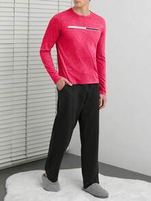 SHEIN Cottnline 男士几何印花长袖上衣和裤子睡衣套装 - 紅色 - 查看 4