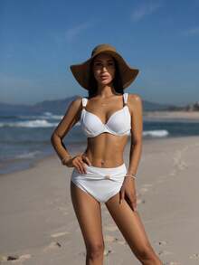 Carolina Barros Women's Vacation Solid Color Ruffle Sexy Bikini Set, For Summer Beach - White - View 6