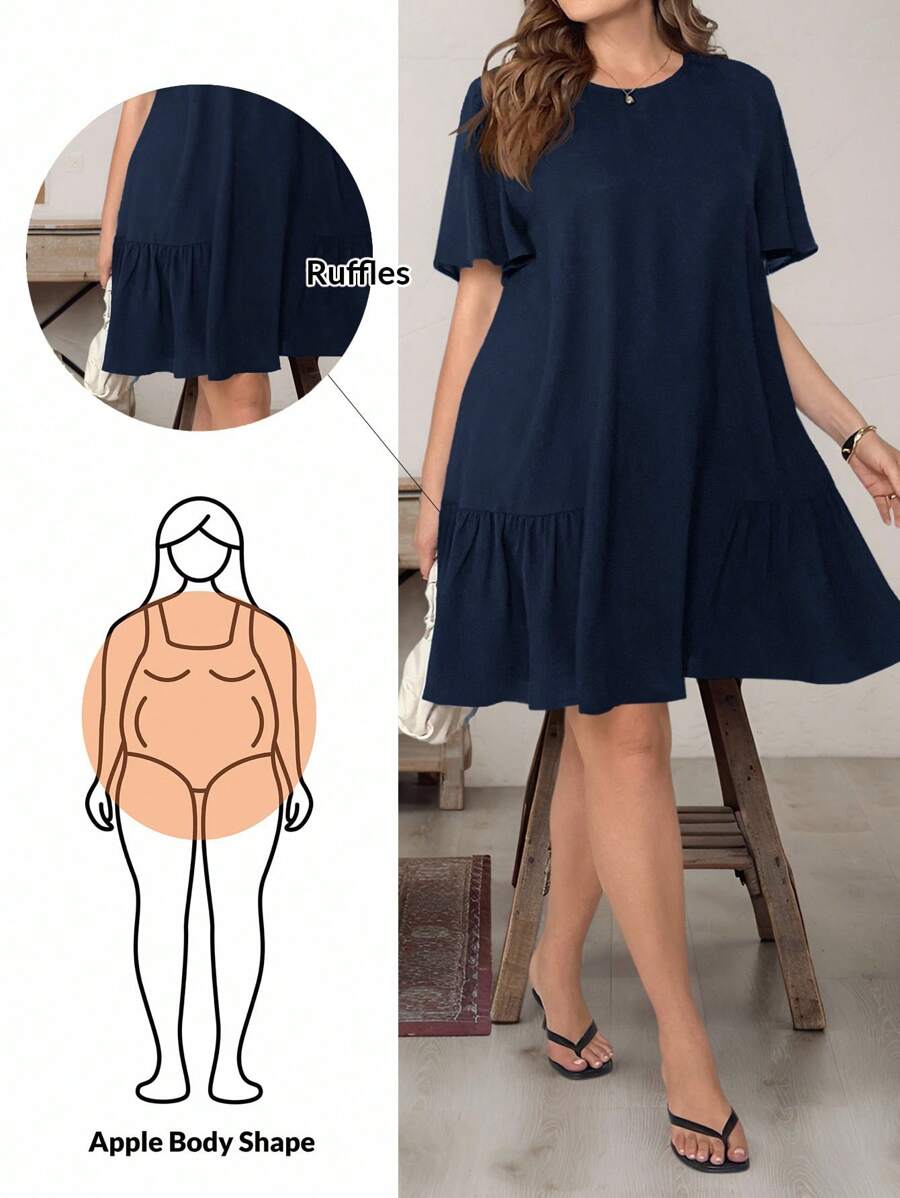 SHEIN Essnce Plus Size Women's Spring And Summer Fashion Casual Loose Comfortable Cool Daily Basic Short Sleeve Dark Blue Short Dress,Old Money Style,Church Dresses For Women,Teacher Outfits For Women,Going Out Outfits,Vacation Outfits Woman,Work Dress