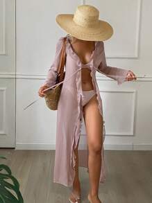 DAZY 1pc Women Solid Color Ruffle Trim See-Through Long Coverup Vacation - Pink - View 4
