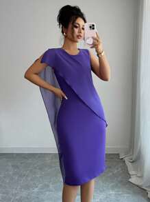 Elenzga فستان متوسط الطول أنيق يتميز بلون واحد، رقبة مستديرة، قطع شبكية، مصمم بطريقة ملائمة للمرأة