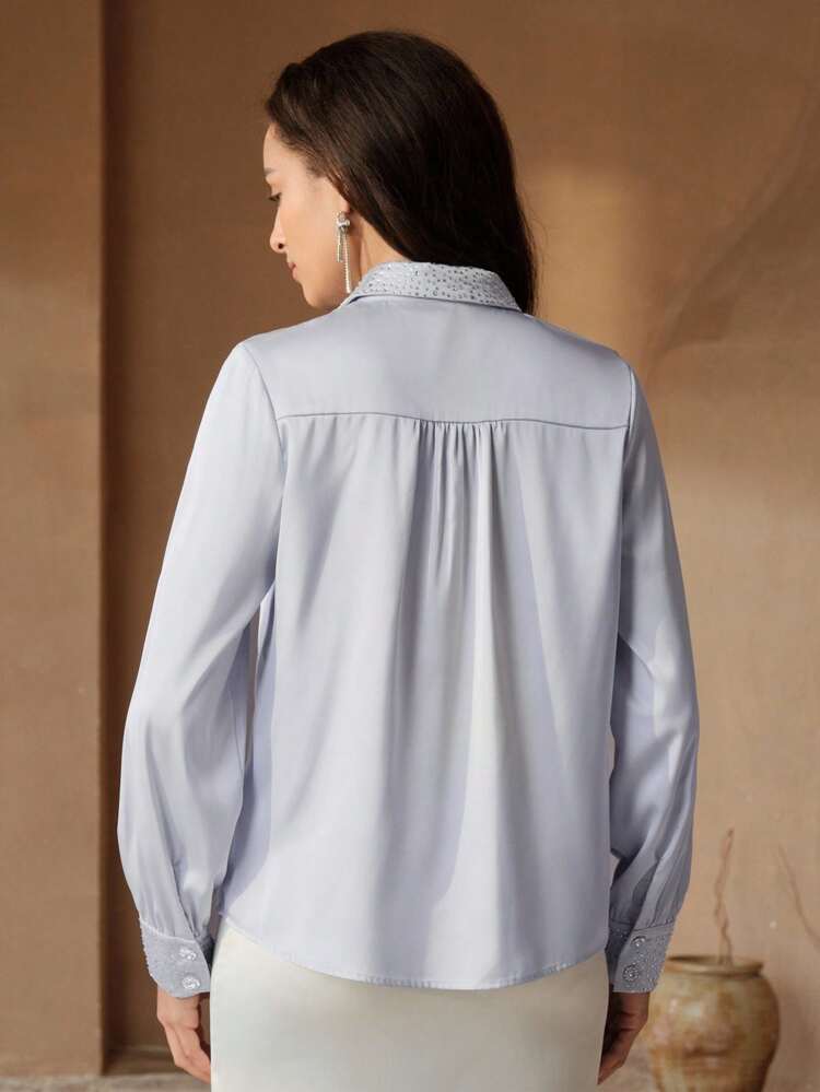 Women's Elegant Rhinestone Decorated Long Sleeve Button-Front Blouse For Commuting