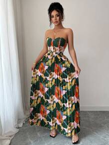 Selianne Digital Printed Strapless Cinched Waist A-Line Pleated Elegant And Romantic Holiday Dress For Women