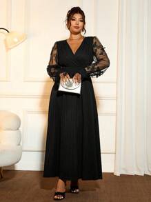 Cravure Vestido Longo Feminino Elegante de Gazar Recortado com Mangas Farol e Decote em V na Cintura - Preto - Visão 4