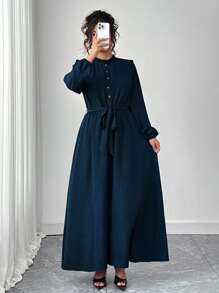 Elenzga Plus Size Women's Bowknot Collar Long Sleeve Romantic Dress, Elegant & Stylish For Commute, Casual Outing, Holiday Wear, Spring Fall Cloth For Women - Navy Blue - View 3