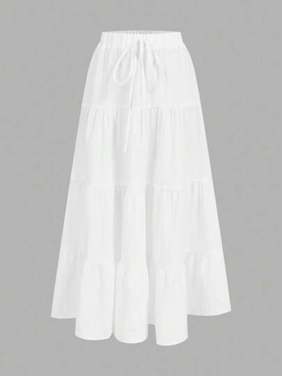 SHEIN EZwear Women's Casual Holiday Multi-Layer Cake Hem Skirt, Suitable For Summer White Tiered Skirt Long White Skirt Drawstring Skirt Summer Skirt Chic Dress