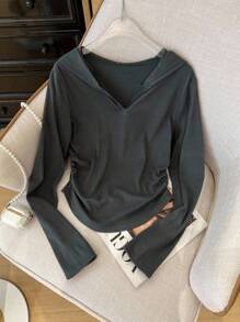 SHEIN Blusa básica casual de mujer con capucha, manga larga y recogido, para otoño
