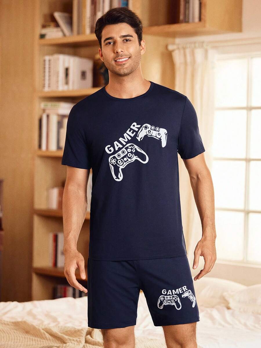 Happy Jammies 男士电子游戏印花短袖上衣和短裤睡衣套装,夏季 - 藏蓝色 - 查看 1