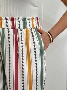 SHEIN MOOSTA Pantalones casuales largos de mujer talla grande con diseño de bolsillo lateral a rayas rojas y verdes - Multicolor - Ver 7