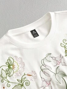 Manfinity BRENVOR Men's Solid Color Round Neck Short Sleeve Embroidered Pattern Summer Cotton Casual T-Shirt, Loose Fit - White - View 3