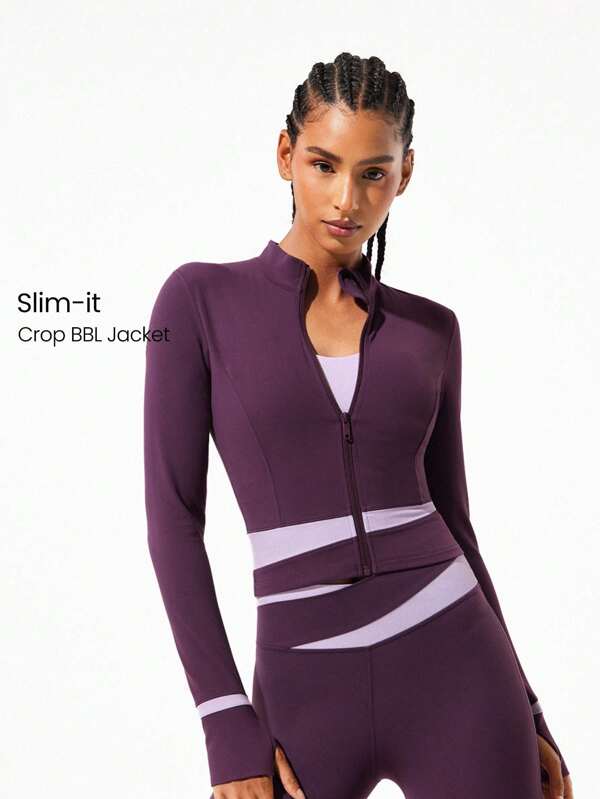 GLOWMODE FeatherFit™ 凉爽短款吸汗弹力短款撞色腰部袖口修身夹克，带拇指孔拉链保护，低冲击瑜伽普拉提 Barre Studio 日常休闲装