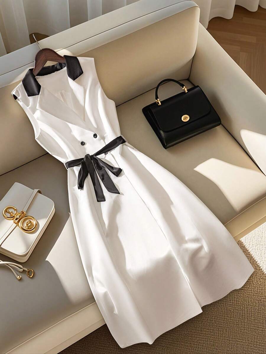 SHEIN Clasi Plus Size Women Contrast Color Lapel Sleeveless Elegant Suit Dress - White - View 1