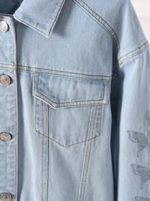 Tween Girl New Y2K Style Denim Women Butterfly Embroidered Casual Street Style Medium Wash Distressed Denim Jacket, Daily Fashion Combination Vacation Casual Urban Fashion - Blue - View 7