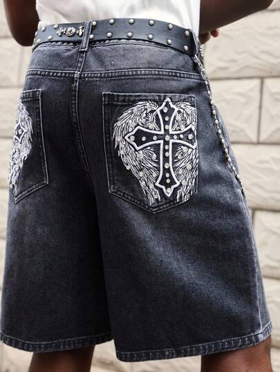 Goth Men's Gothic Summer Fashion Gothic Studded Cross Embroidery Denim Shorts, Halloween