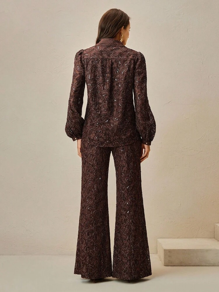Women's Elegant Christmas/Thanksgiving Sequin Lace Long Sleeve Shirt & Flared Pants 2 Pieces Formal Set, Vintage Slimming Look