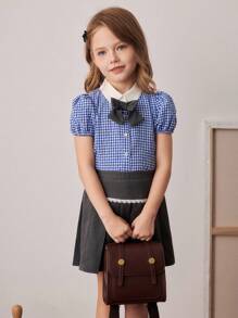PrepCrw Conjunto de Blusa de Manga Curta com Gola Contraste e Saia Plissada Mini de Estilo Preppy para Jovens Garotas - Multicolorido - Visão 7