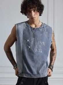 ROMWE MEN Prep Men's Distressed Rhinestone Slogan Graphic Denim Top - Blue - View 1