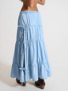 SHEIN Unity Jupe taille élastique froncée fendue en jean lavé de couleur claire coupe évasée - Jean clair - Voir 2